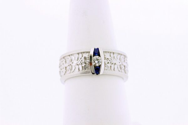 Timekeepersclayton 18K Gold Floral Pattern 8mm Wide Band with White Diamond and Blue Sapphires