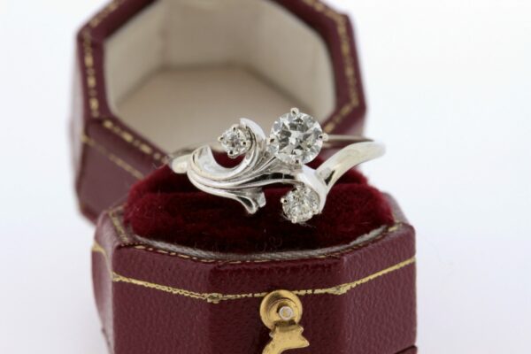 Timekeepersclayton Trio Diamond Ring 14K Gold Old Euro Cut Diamonds Swirl Ribbon Floral Design