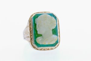 Timekeepersclayton 10K Gold Vintage Green and White Carved Cameo Ring Female Figure Engraved geometric Patterns