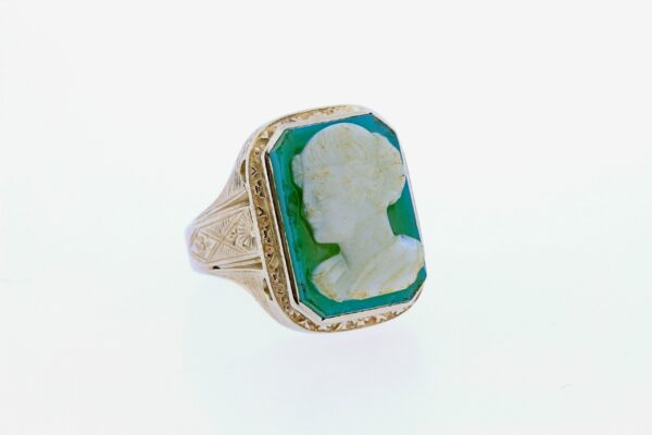 Timekeepersclayton 10K Gold Vintage Green and White Carved Cameo Ring Female Figure Engraved geometric Patterns