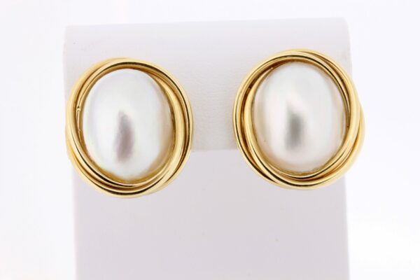 Timekeepersclayton Vintage 14K Yellow Gold Double-wire Nested Mabe Pearl Omega back Clip on Earrings