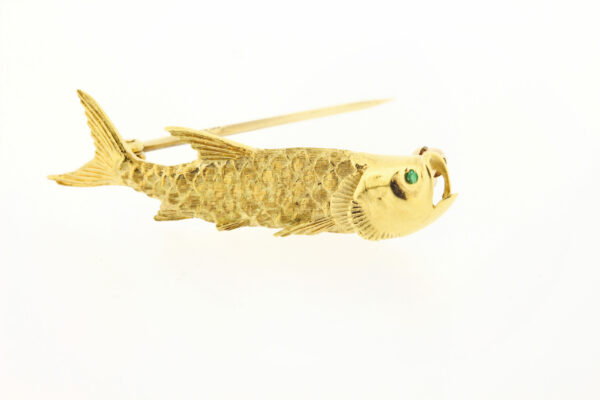 Timekeepersclayton Charming 18K Yellow Gold Carp Fish Brooch with Vivid Green Emerald Cabonchon Eye