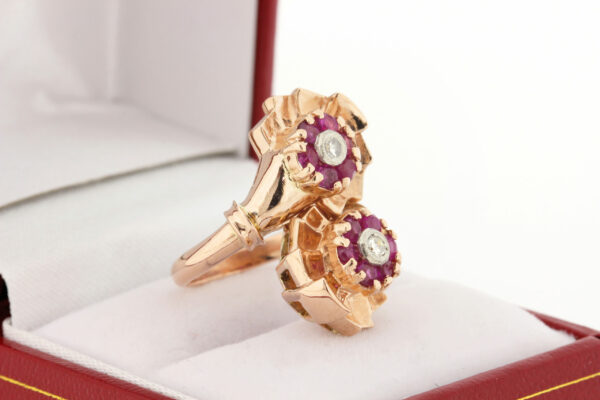 Timekeepersclayton 14K Rose Gold Retro Style Double Pinwheel Ring White Diamonds and Rubies