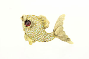 Timekeepersclayton 14K Opal and Garnet Yellow Fish Brooch