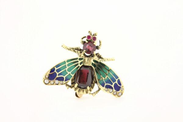 Timekeepersclayton 14K Yellow Gold Bee with Blue and Green Enamel Set with Garnets and Rubies