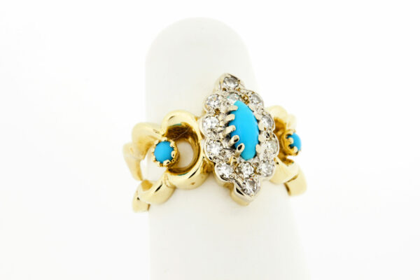 Timekeepersclayton 14K Yellow Gold Scalloped Ring blue turquoise and Diamond Halo