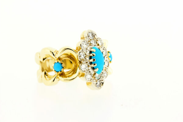 Timekeepersclayton 14K Yellow Gold Scalloped Ring blue turquoise and Diamond Halo
