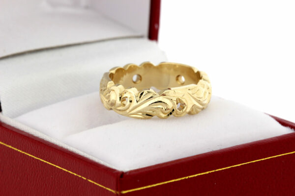 Timekeepersclayton 14K Yellow Gold Hand Engraved Scroll Leaf Band