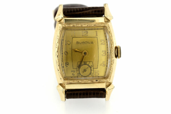 Timekeepersclayton 1940s Gold Filled Vintage Bulova Wrist Watch with Gold colored Dial Engraved Case