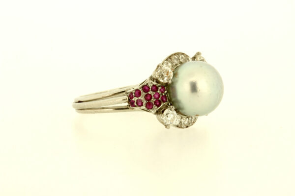 Timekeepersclayton 9.8mm Light Gray Colored Pearl Ring with Diamonds and Rubies