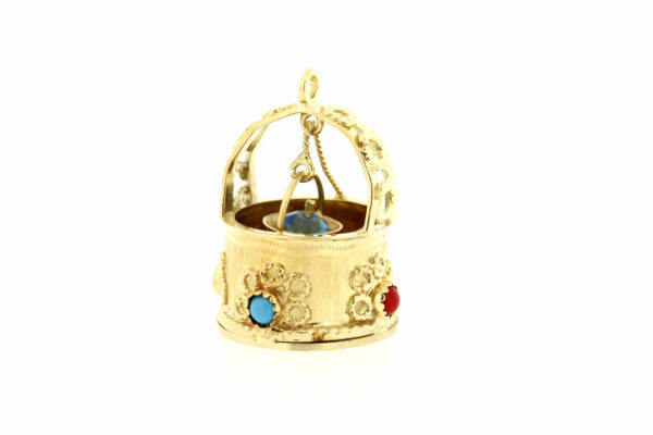 Timekeepersclayton 14K Vintage Gold Wishing Well Charm with Granulation Decorations Red Coral and Blue Turquoise