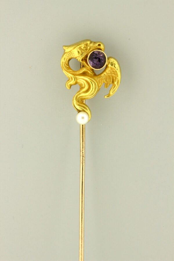 Timekeepersclayton Wispy Eagle Griffin 14K Yellow Gold Stick Pin with Purple Amethyst and White Pearl