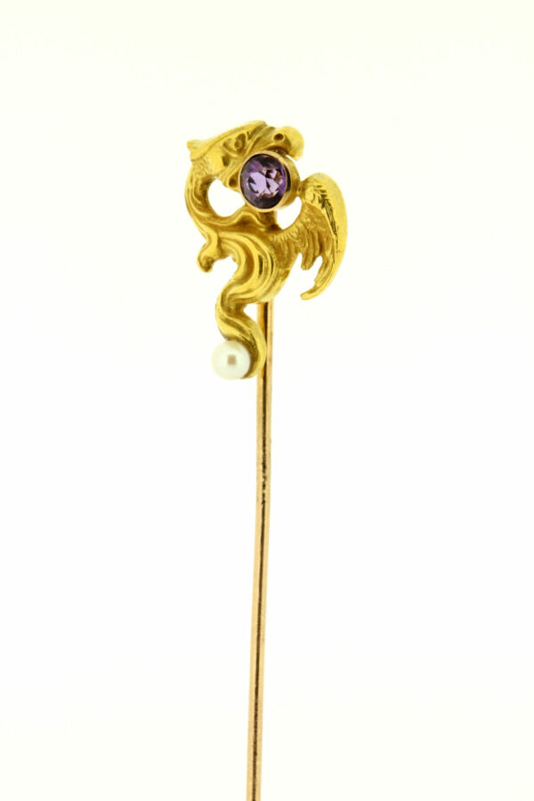 Timekeepersclayton Wispy Eagle Griffin 14K Yellow Gold Stick Pin with Purple Amethyst and White Pearl
