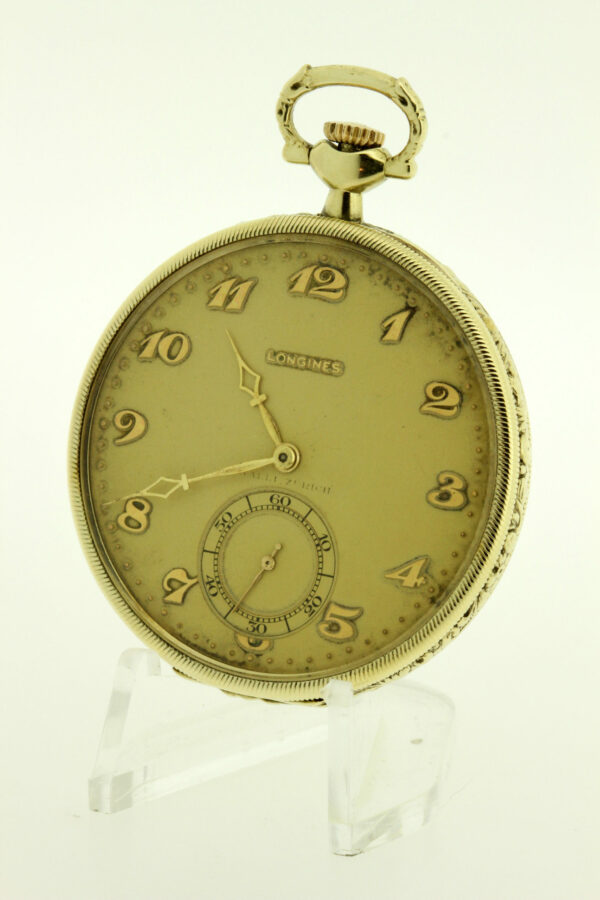 Timekeepersclayton 1920s 14K Yellow Gold Hand Engraved Longines Pocket Watch Size 12