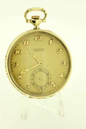 1920s 14K Yellow Gold Hand Engraved Longines Pocket Watch Size 12