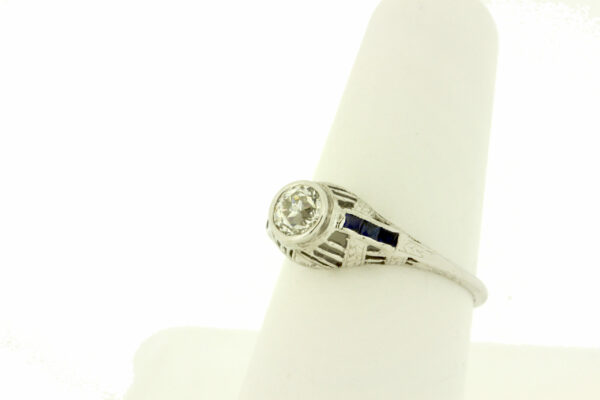 Timekeepersclayton 1920s vintage 14K Gold Ring with Half Carat Plus Diamond VS2 J Quality Blue Sapphire Accents Star Starburst Engraved