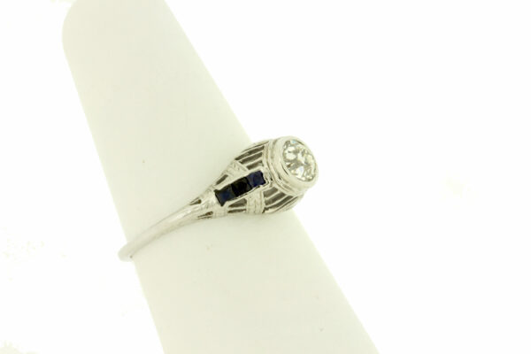 Timekeepersclayton 1920s vintage 14K Gold Ring with Half Carat Plus Diamond VS2 J Quality Blue Sapphire Accents Star Starburst Engraved