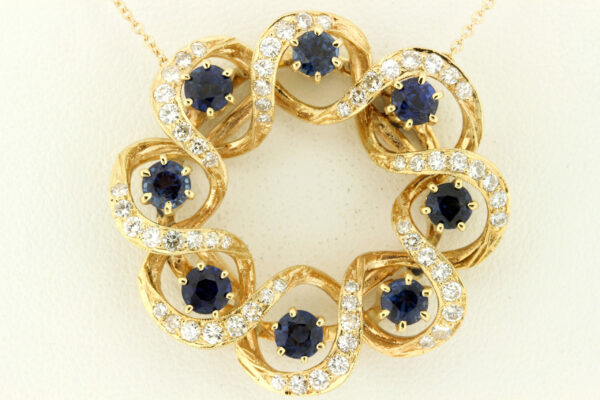 Timekeepersclayton Vivid Blue sapphire and Diamond Wreath Ribbon Swirl 14K Gold Necklace