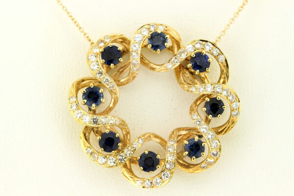Timekeepersclayton Vivid Blue sapphire and Diamond Wreath Ribbon Swirl 14K Gold Necklace