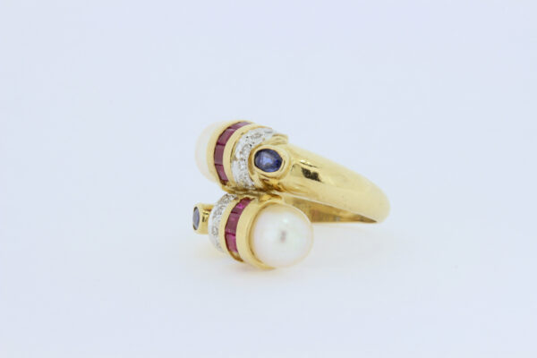 Timekeepersclayton 18K Yellow Gold Bypass Ring Ruby Sapphires and Pearl