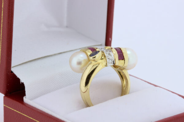 Timekeepersclayton 18K Yellow Gold Bypass Ring Ruby Sapphires and Pearl
