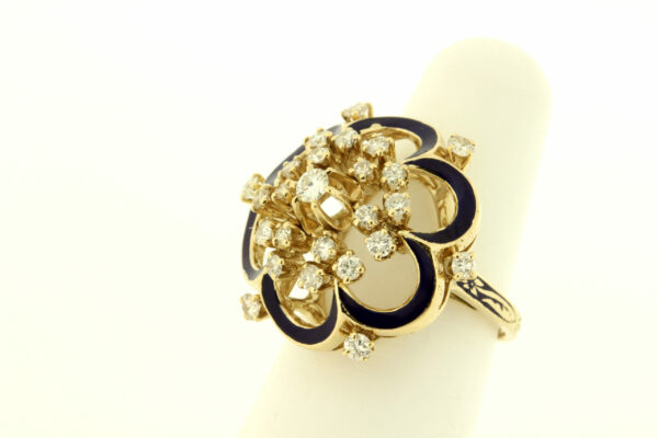 Timekeepersclayton Stunning Bue Enamel Flower Ring Diamonds and Hand Engraved 14K Yellow Gold