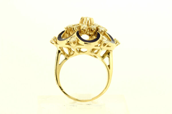 Timekeepersclayton Stunning Bue Enamel Flower Ring Diamonds and Hand Engraved 14K Yellow Gold
