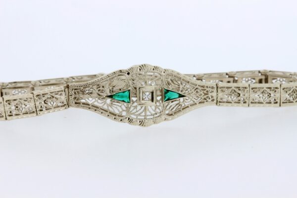 Timekeepersclayton 14K Gold Filigree Linked Bracelet with Synthetic Green Emerald and White Accent