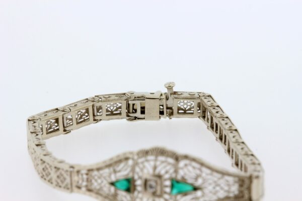 Timekeepersclayton 14K Gold Filigree Linked Bracelet with Synthetic Green Emerald and White Accent