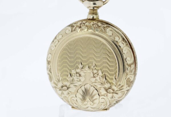 Timekeepersclayton Illinois Watch CO Springfield Pocket Watch Hand Engraved Cascading Flowers with Shell Design 14K Gold
