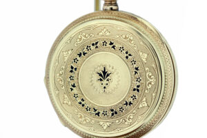 Louis Jacote Locle 14K Yellow Gold Pocket Watch with Flowers and Black Enamel