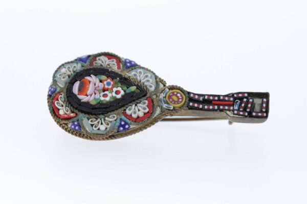 Timekeepersclayton Lute shaped Mosaic Brooch with a Vase of Flowers