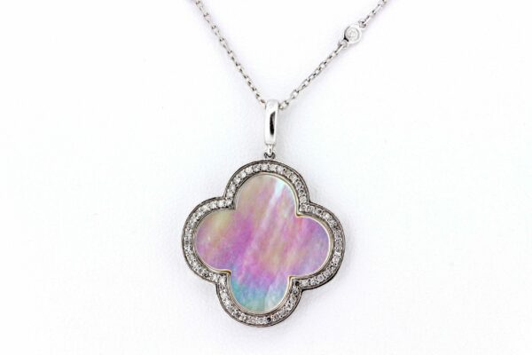 Timekeepersclayton Mother of Pearl Quatrefoil Diamond Halo with Diamond Section Chain in 14K White Gold