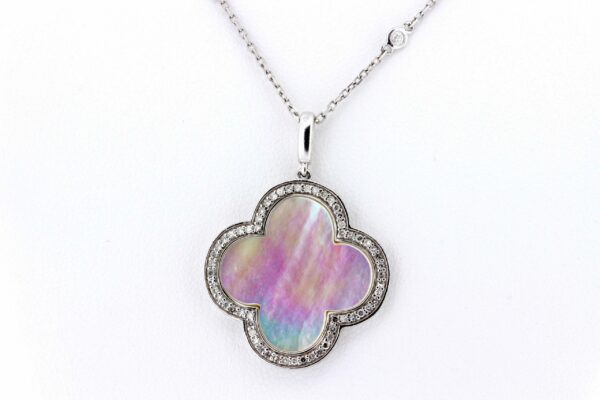 Timekeepersclayton Mother of Pearl Quatrefoil Diamond Halo with Diamond Section Chain in 14K White Gold