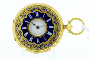 See-through Ladies 18K Gold Cylindre Pocket Watch with Blue Enamel