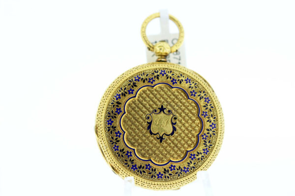 Timekeepersclayton See-through Ladies 18K Gold Cylindre Pocket Watch with Blue Enamel