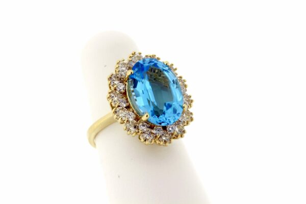 Timekeepersclayton Spectacular Blue Topaz Ring in 14K Yellow Gold with 1 Carat Plus in White Diamonds Diamond Halo