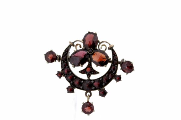 Timekeepersclayton Sterling Silver Red Garnet Brooch Vintage Cresent Moon Shape with Club Clover