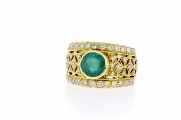 Timekeepersclayton Stunning Vivid Green Emerald and Diamond Ring 18K Yellow Gold with Milgrain