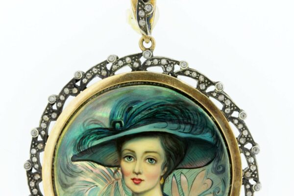 Timekeepersclayton Teal Peacock Lady Portrait Silver, Gold, and Diamond Convertible Brooch/Pendant