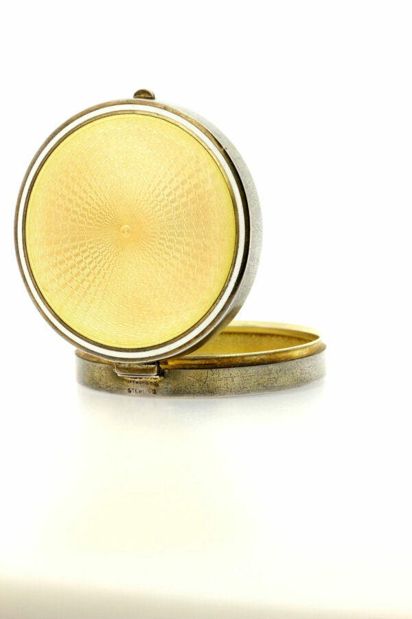 Tiffany-and-Company-Mirrored-Pill-compact-Sterling-Silver-Yellow-Enamel-Engraved-Vintage