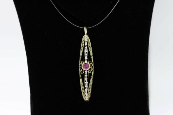 Timekeepersclayton Two Tone Gold Filigree pendant with Synthetic Pink Center