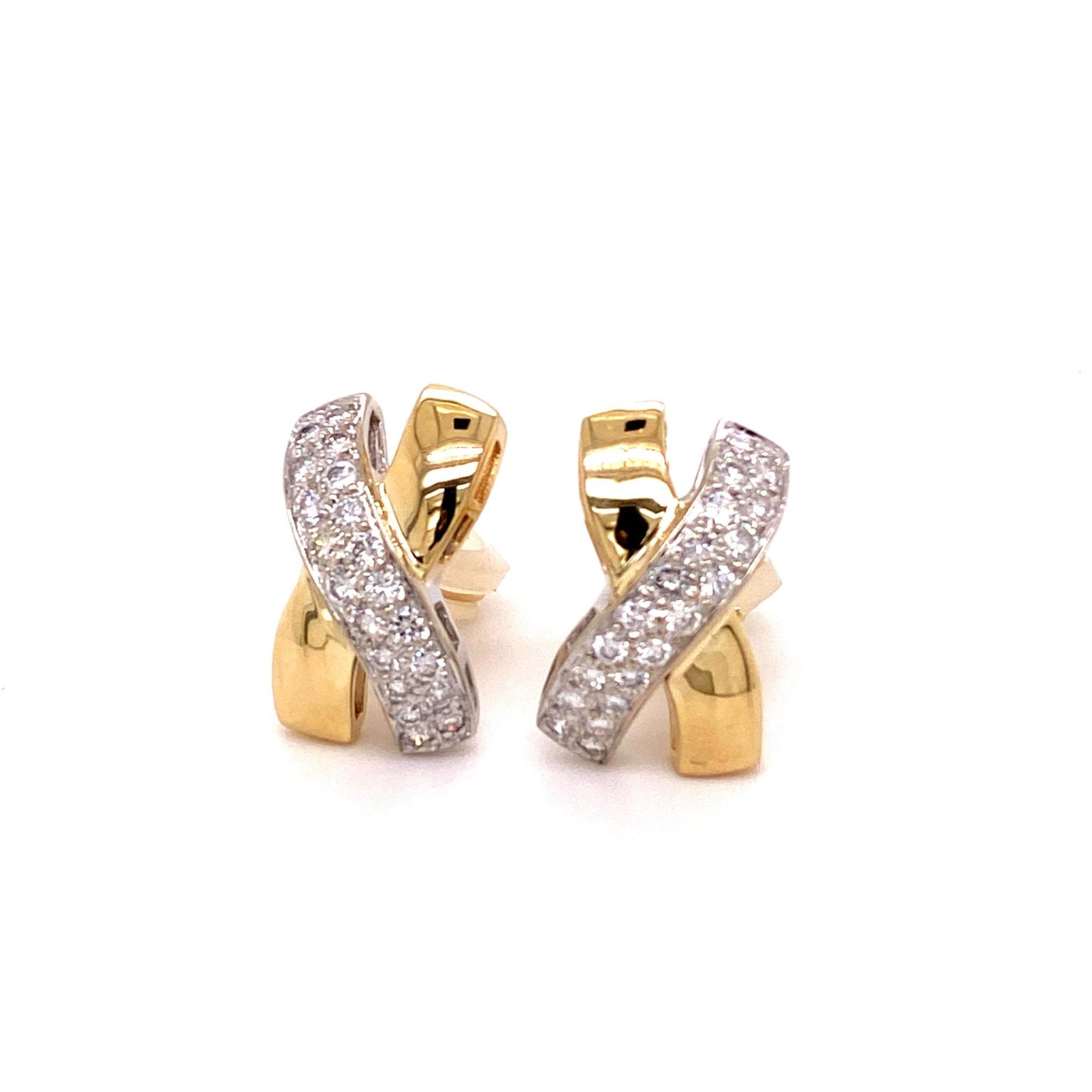 Two Tone X Earrings Pave Diamonds Criss Cross Omega Back Clip Ons ...