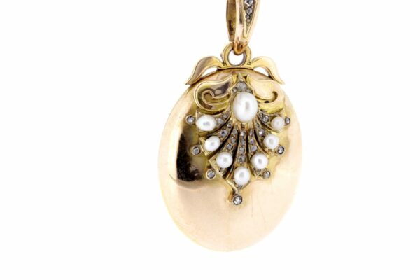 Timekeepersclayton Victorian Era Locket 14K Yellow Gold with Old Mine Cut Diamonds and Pearls