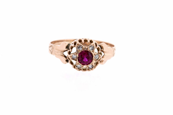 Timekeepersclayton Victorian Era Synthetic Red Ruby Ring with Diamond Accents in 18K Gold