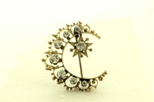 Timekeepersclayton Vintage 10K Gold Cresent Moon and Star Brooch with White Accents
