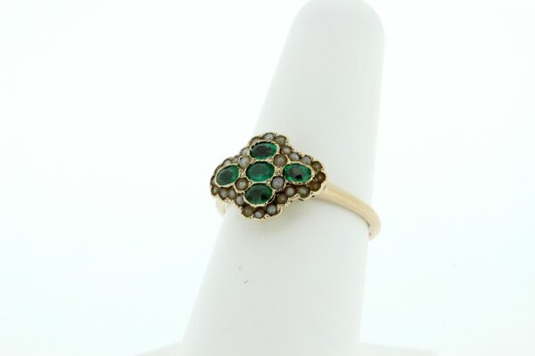 Timekeepersclayton Vintage 14K Yellow Gold Green Emerald and Pearl Quadrifoil Ring Engagement Rring Wedding Ring