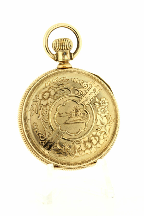 Timekeepersclayton Vintage 1887 Solid 14K Yellow Gold Elgin Pocket Watch Egraved Foral Case with Blank Quadrefoil Shield
