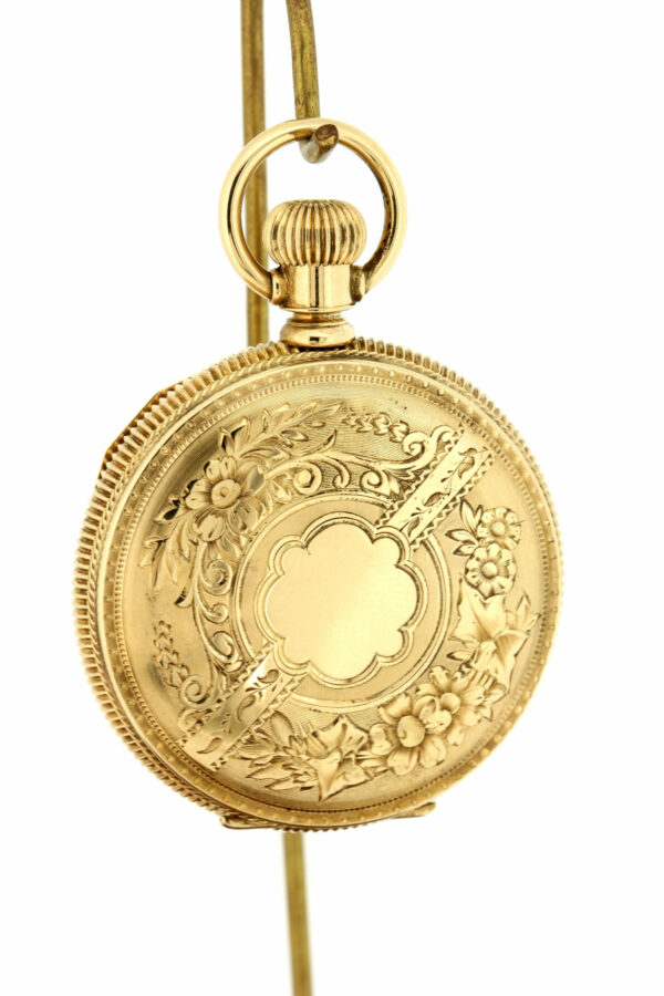 Timekeepersclayton Vintage 1887 Solid 14K Yellow Gold Elgin Pocket Watch Egraved Foral Case with Blank Quadrefoil Shield