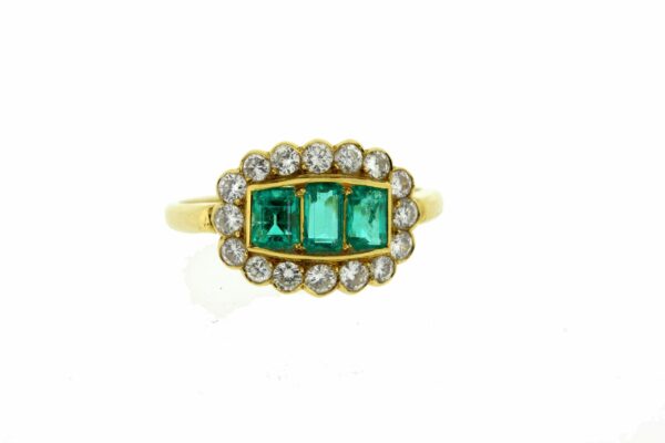 Timekeepersclayton Vintage 18K Yellow Gold Rich Trio Emerald Green Ring with Diamond Halo